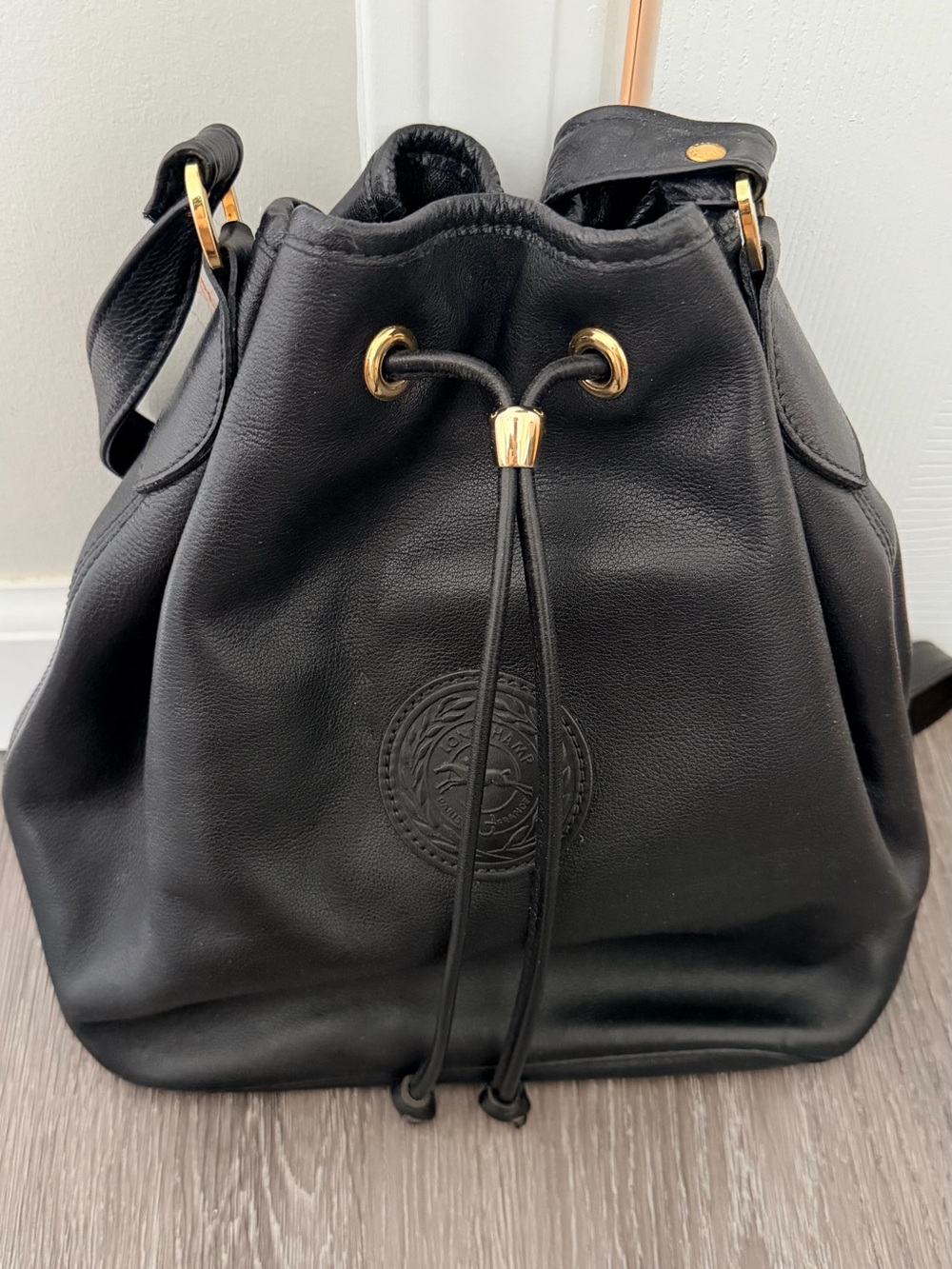 Weekend sale✨Vintage Longchamp Black Leather Drawstring Bucket Bag